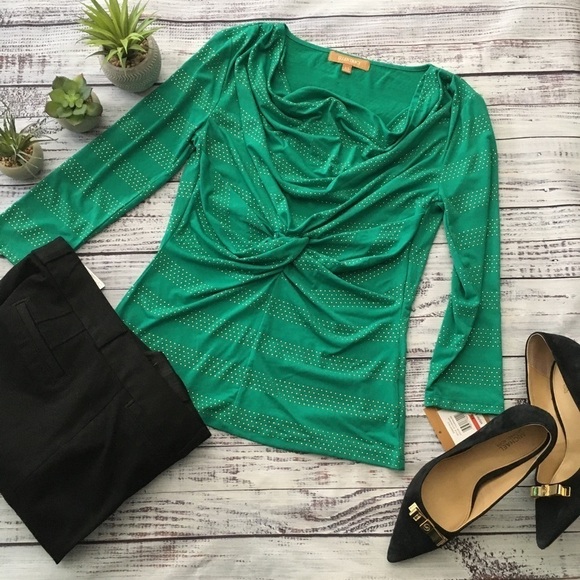 Ellen Tracy Tops - Green Drape neck Top with Gold Accents